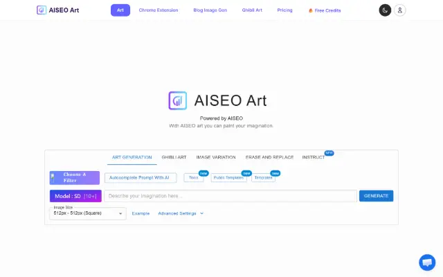 AISEO AI ART Generator 首页截图