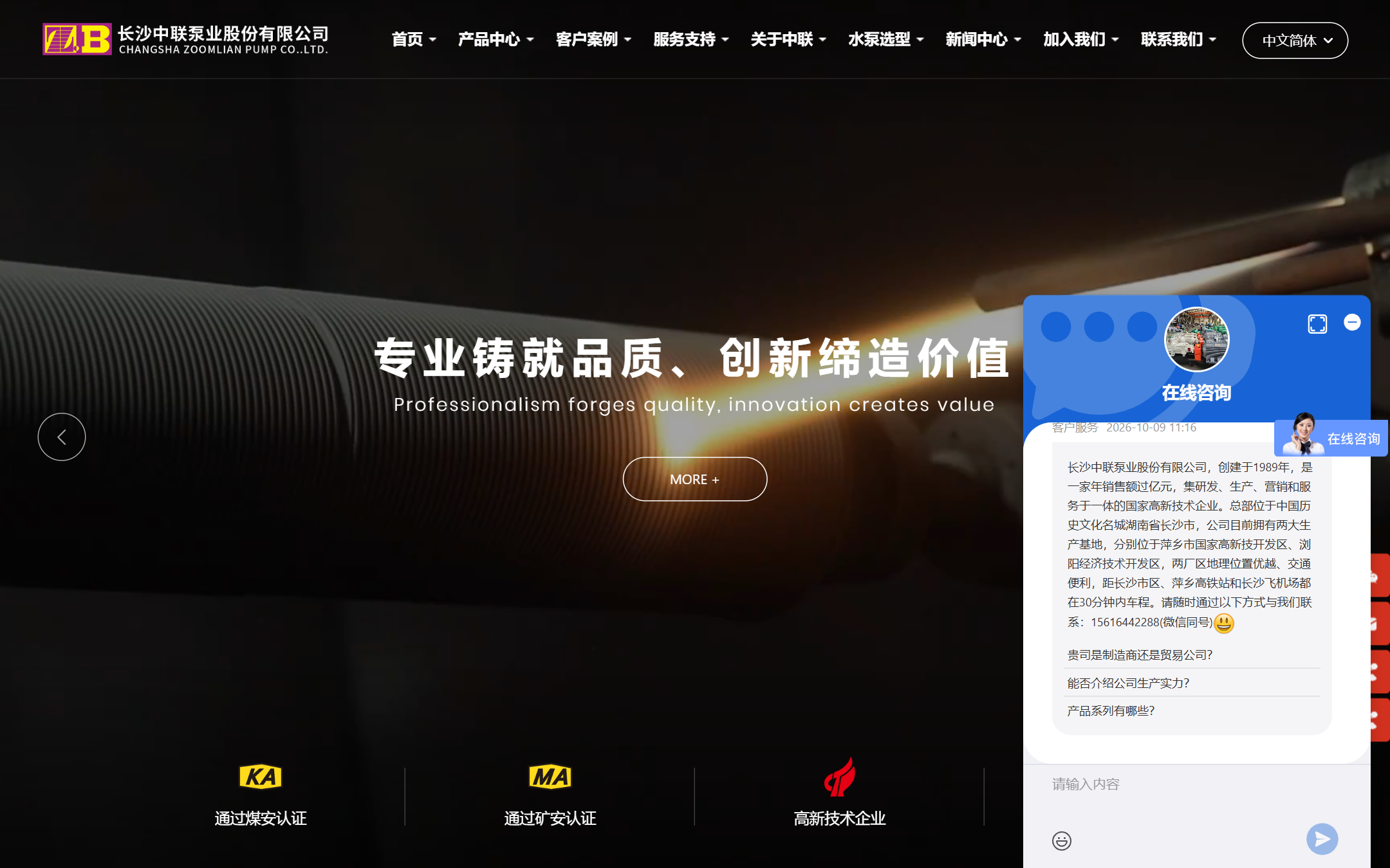 长沙中联泵业股份有限公司 首页截图