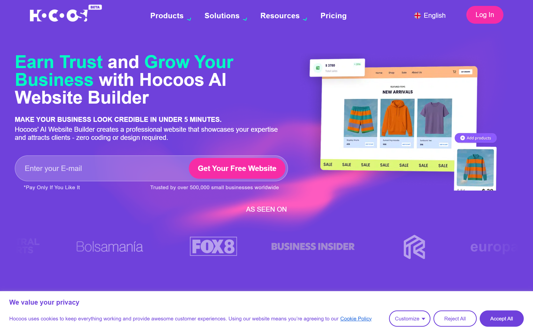 Hocoos AI Website Builder 首页截图