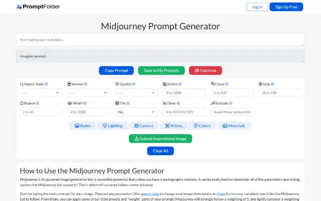 Midjourney Prompt Generator 首页截图