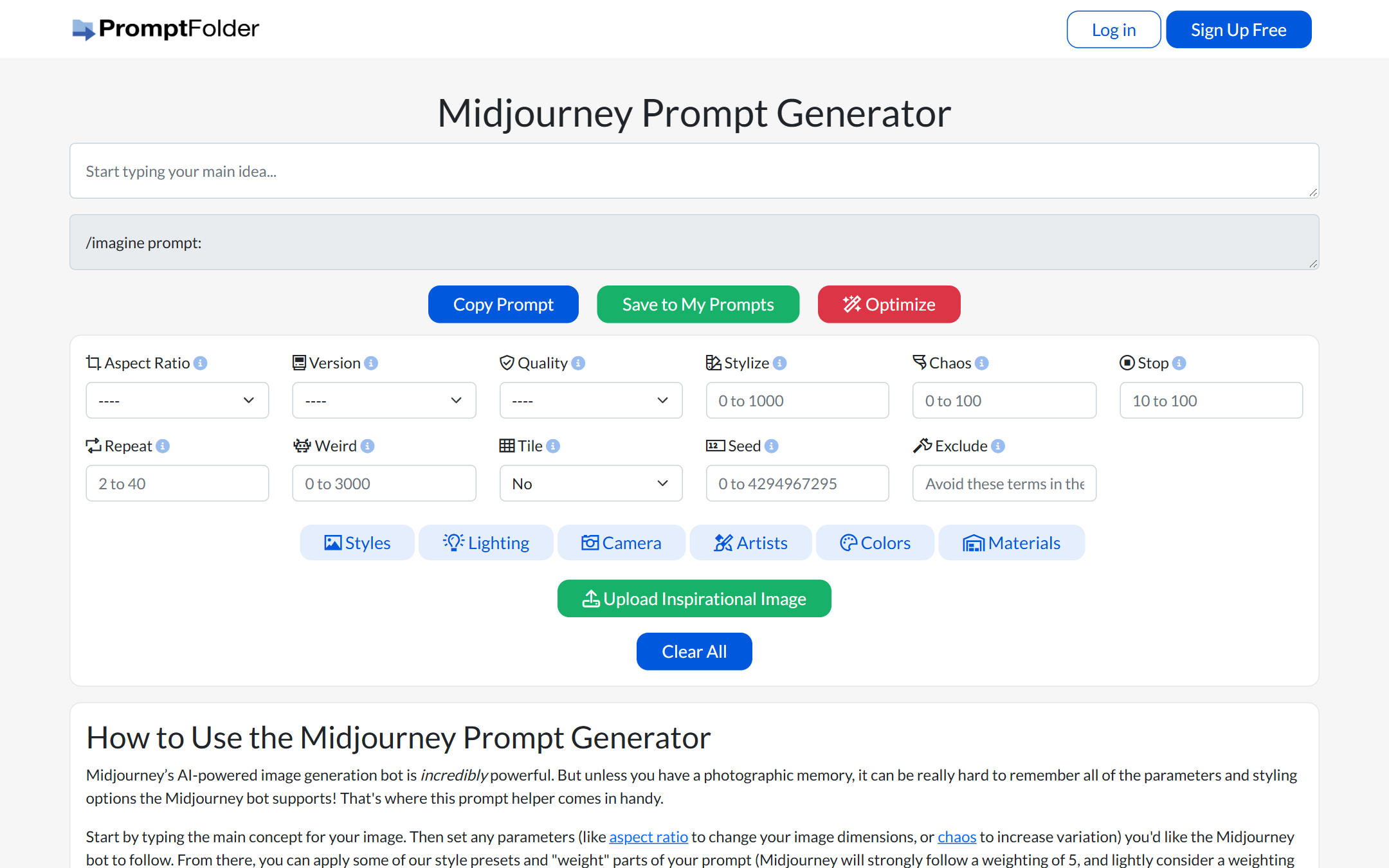 Midjourney Prompt Generator 首页截图
