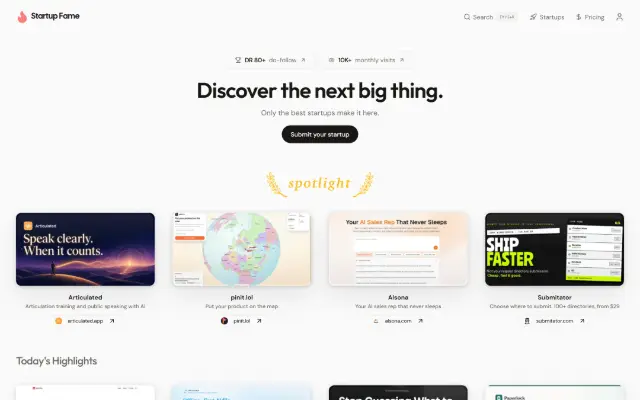 Startup Fame 首页截图