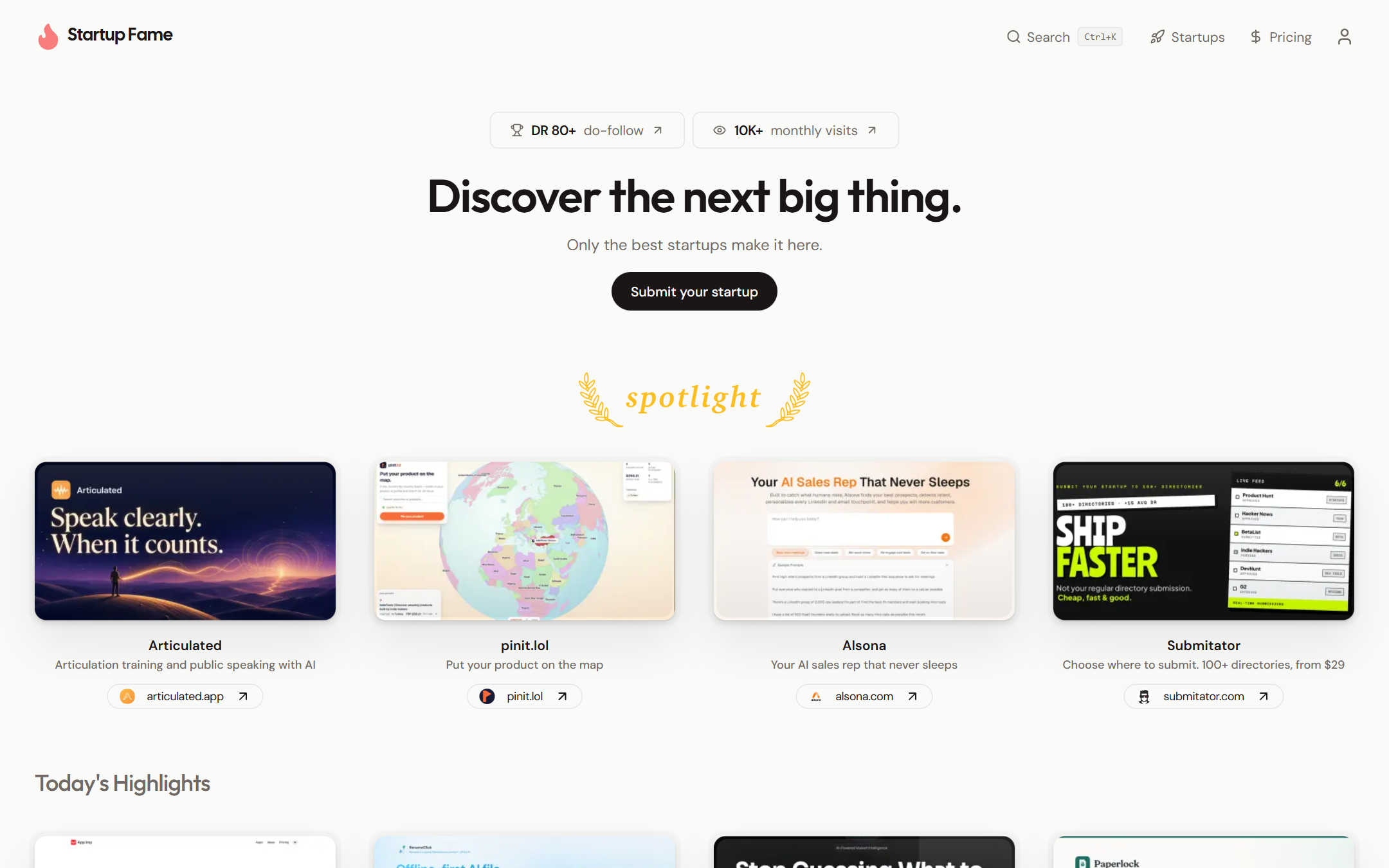 Startup Fame 首页截图