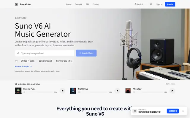 Suno V6 AI Music Generator 首页截图