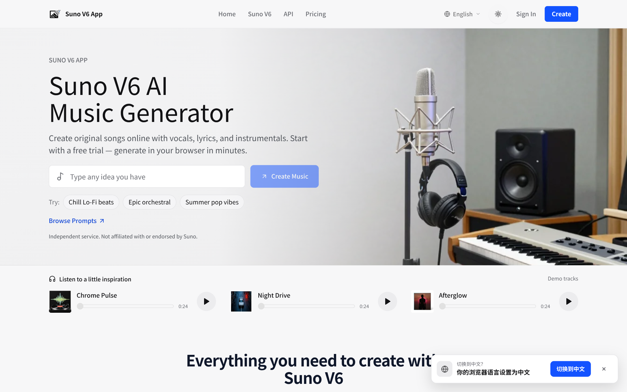 Suno V6 AI Music Generator 首页截图